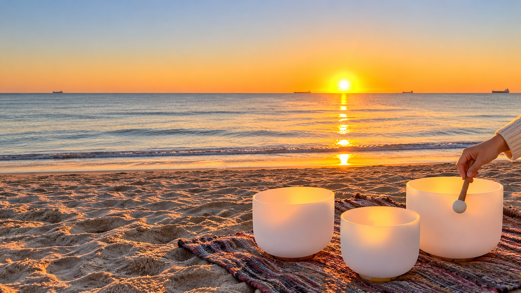 Crystal singing bowls beside a flat ocean horizon at sunrise